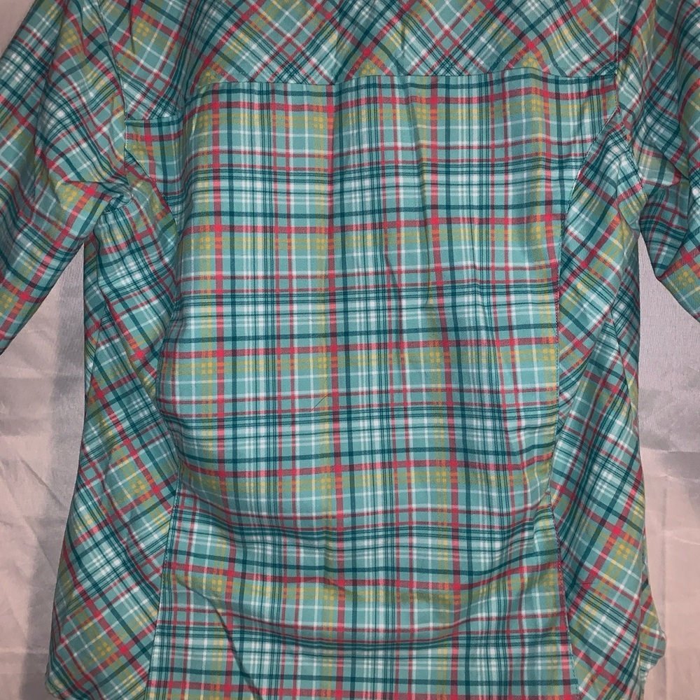 Cabelas Shirt Womens M Aqua Red Yellow Plaid  Long Sleeve Button Up Outdoor Nice - Picture 6 of 8